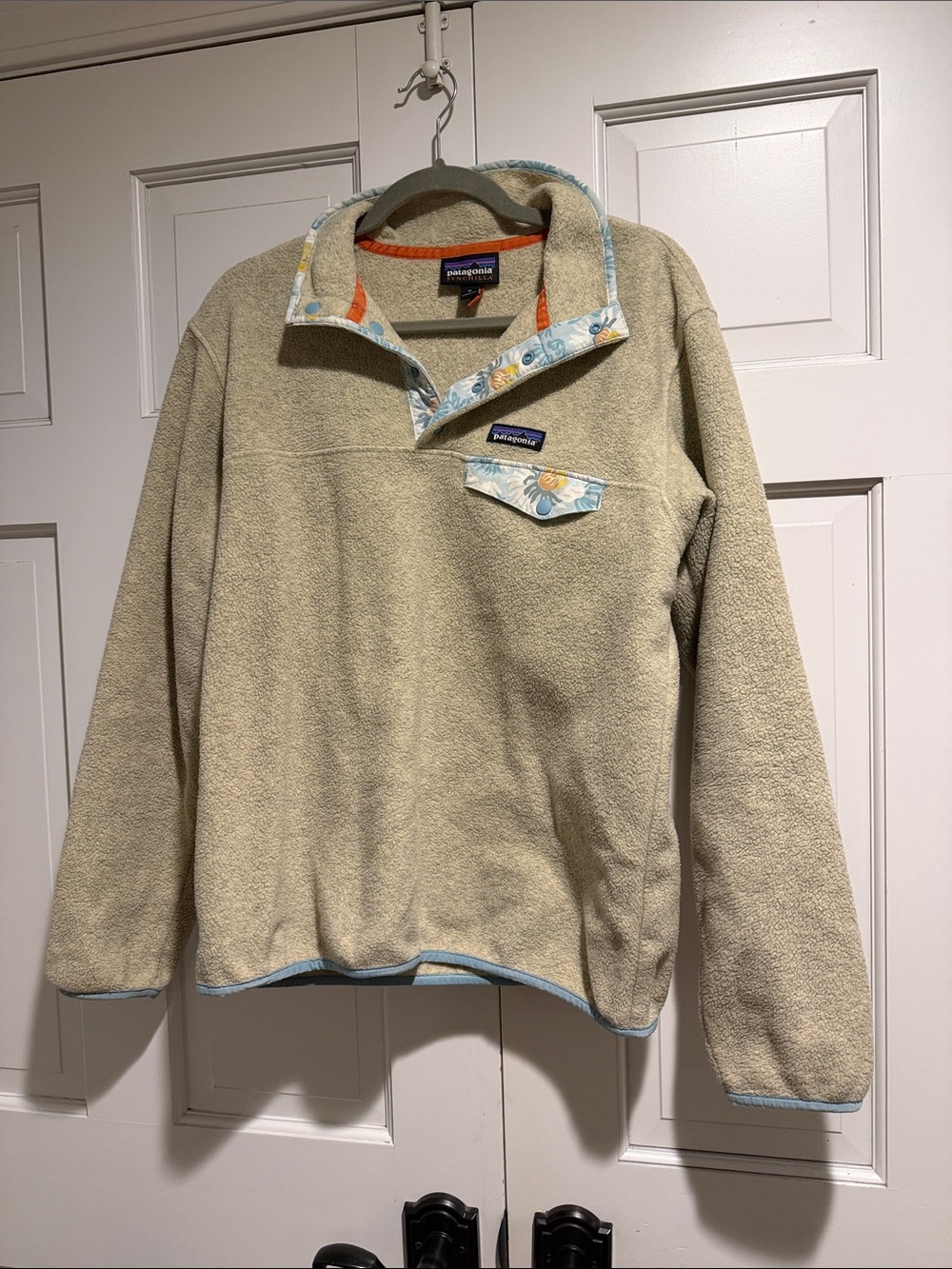 Patagonia Synchilla Snap-T Pullover Fleece Beige Floral Trim Women's Medium